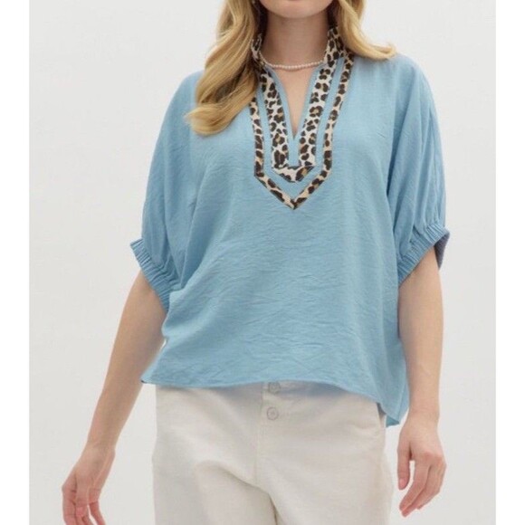 Entro Blue W/ Leopard Trim Blue Dolman Sleeve Boho Office Siren Large Lagenlook - Picture 1 of 15